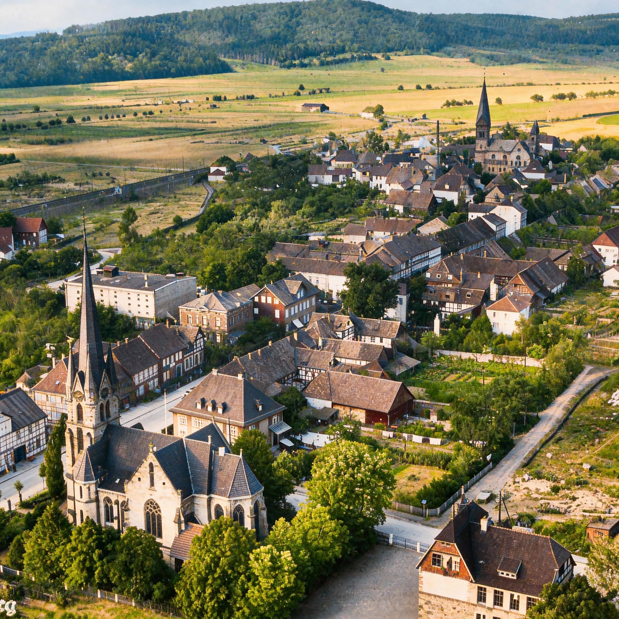 Luftaufnahme von Nörten-Hardenberg mit Kirche und Fachwerkhäusern
